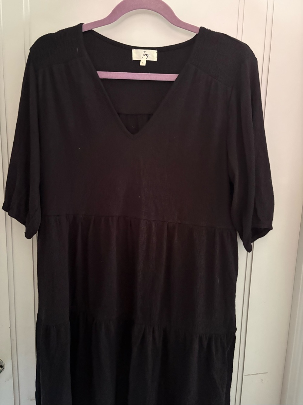 Relaxed Smock Mini V-Neck Tiered Tunic Dress - Black